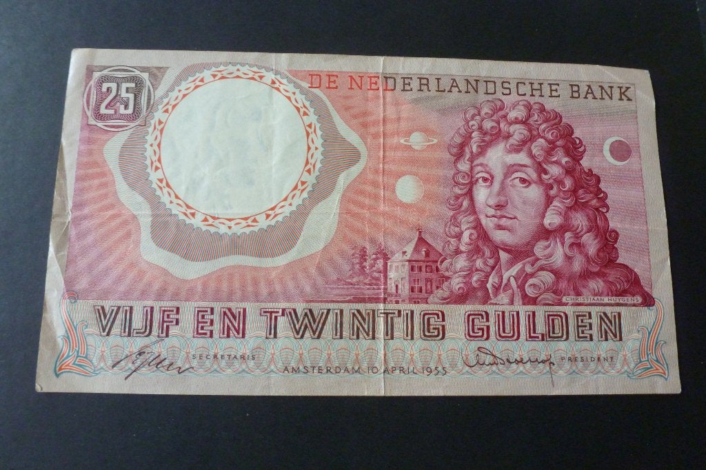 Bankbiljet - oude 25 gulden Huygens 1955 1 cijfer 2 letters, Ophalen of Verzenden, 25 gulden, Los biljet
