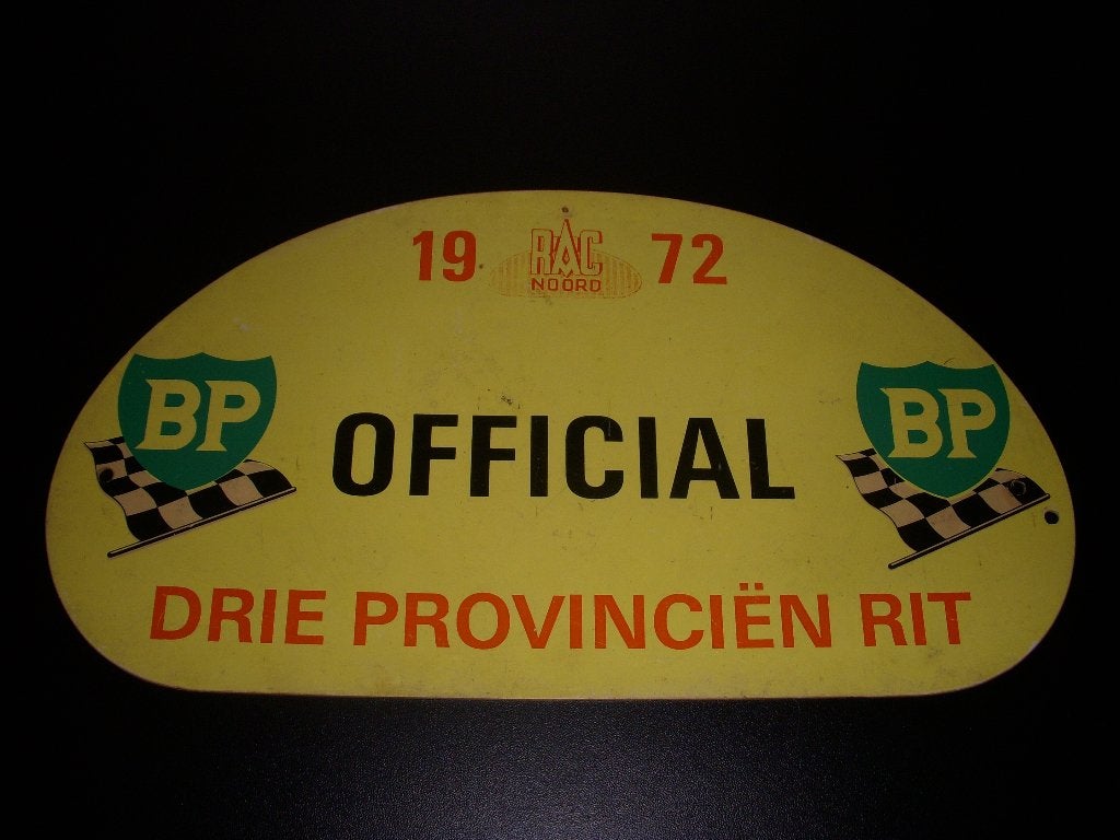 Bordje BP benzine Drie Provinciën rit RAC Noord 1972, Ophalen of Verzenden, Gebruikt, Reclamebord
