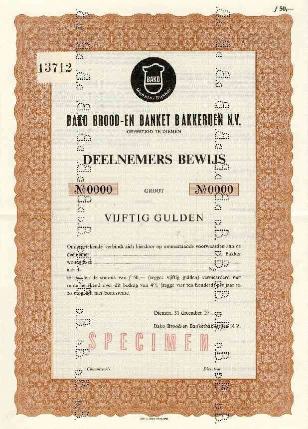 Bako brood- en banket bakkerijen NV Diemen, Ophalen of Verzenden, 1950 tot 1970, Aandeel