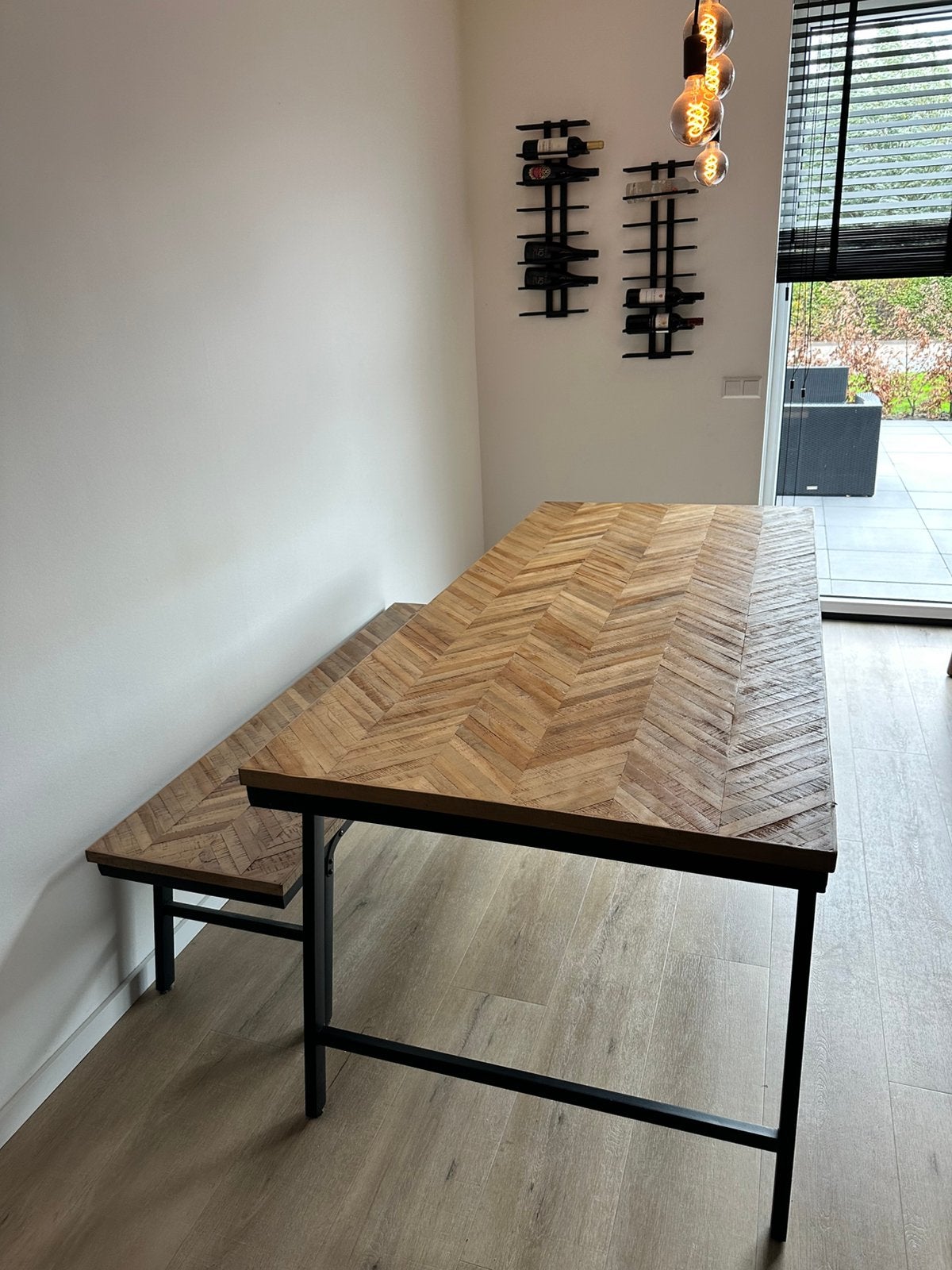 KARWEI eettafel + bank Mateo visgraat teakhout, Ophalen, Gebruikt, 50 tot 100 cm, 150 tot 200 cm