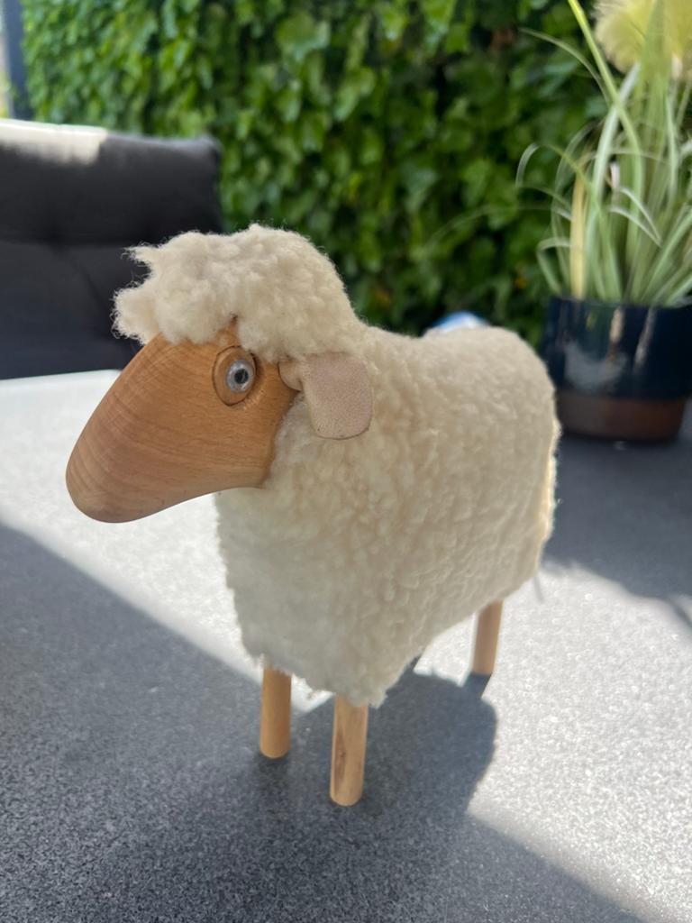Vintage Houten Schaapje met Wol - Decoratief Beeldje, Ophalen of Verzenden