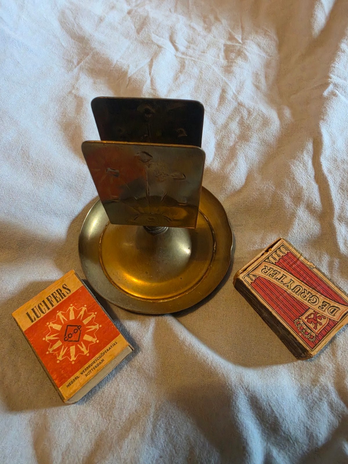 Vintage messing lucifershouder met twee luciferdoosjes, Ophalen of Verzenden
