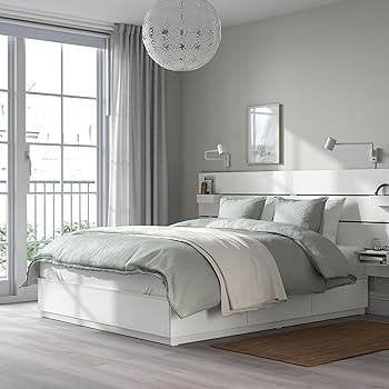 NORDLI Bed frame with storage and headboard, Ophalen, Wit, Tweepersoons, Zo goed als nieuw