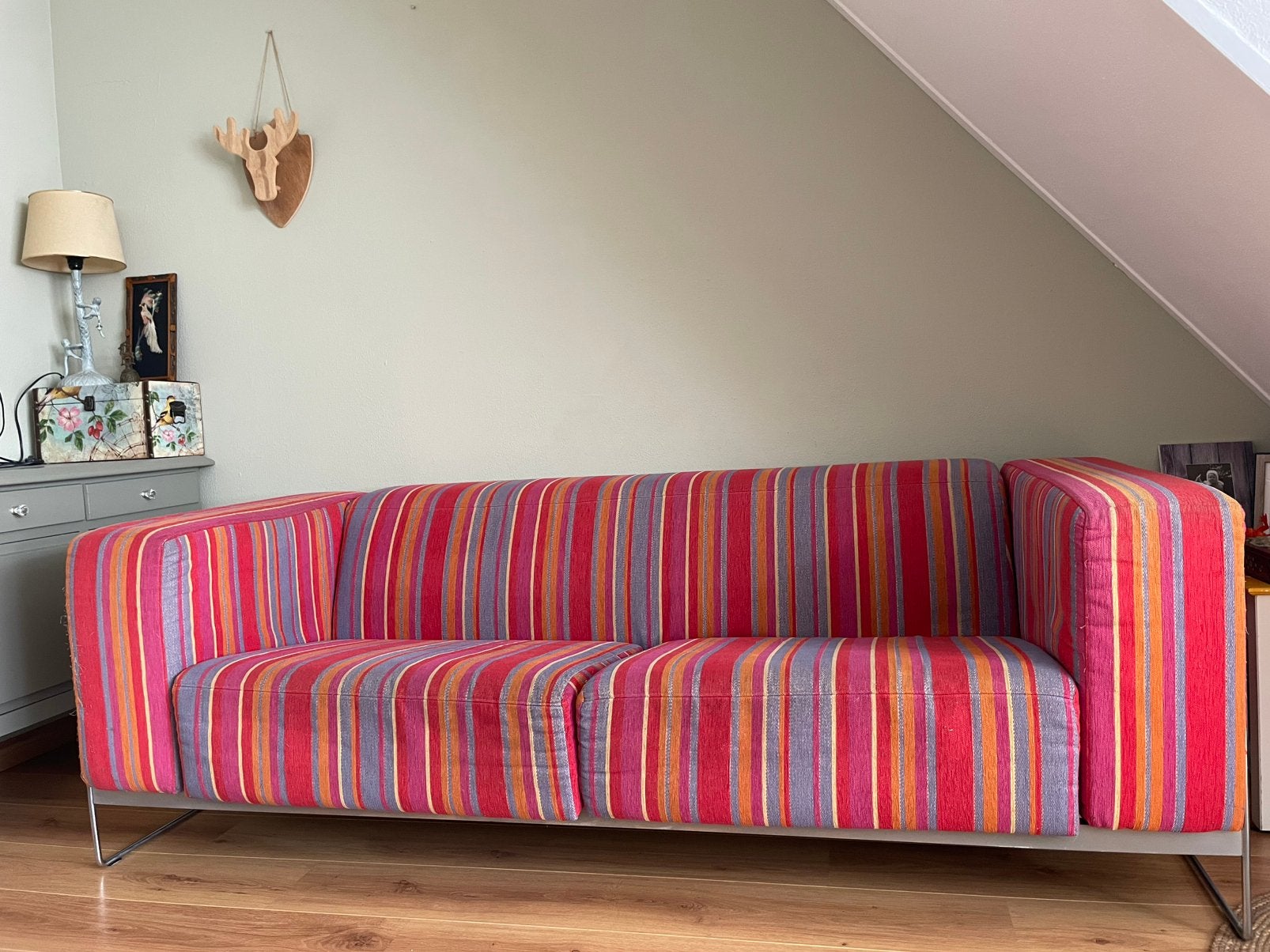 Harvink 2 zits bank Solid streep roze/oranje/rood/geel/blauw, Ophalen, Gebruikt, Tweepersoons, 75 tot 100 cm
