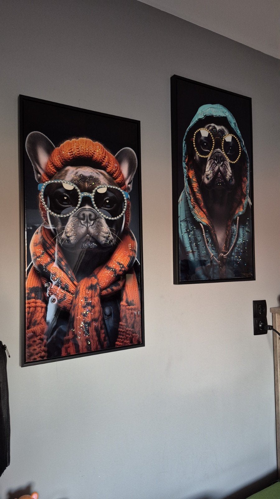 2 Franse Bulldog schilderijen, Ophalen, Zo goed als nieuw, Minder dan 50 cm, Schilderij