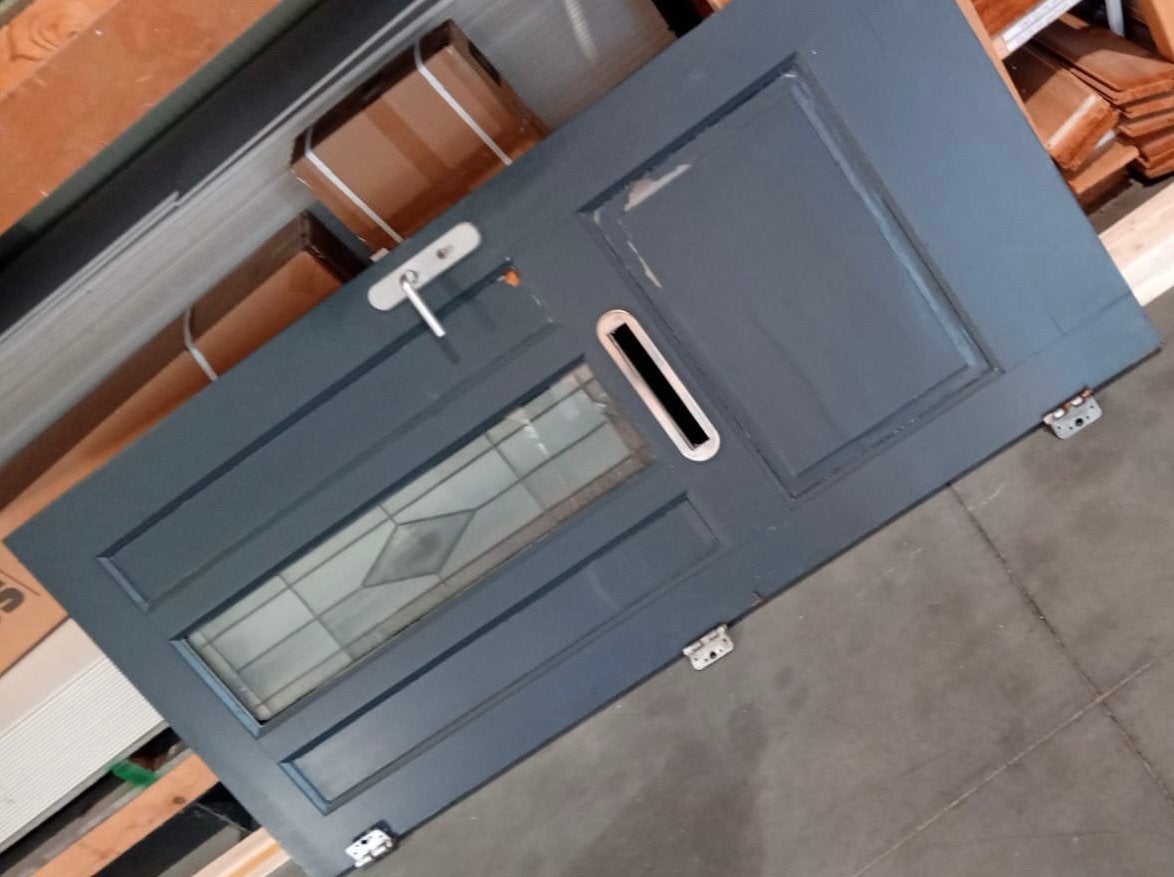 Hardhouten voordeur met glas in lood en brievenbusopening, Ophalen, Gebruikt, 80 tot 100 cm, Buitendeur