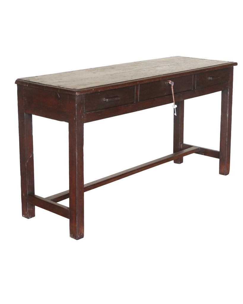 Vintage teakhouten sidetable met patina en drie laden, Ophalen of Verzenden, Gebruikt, Bruin, Hout