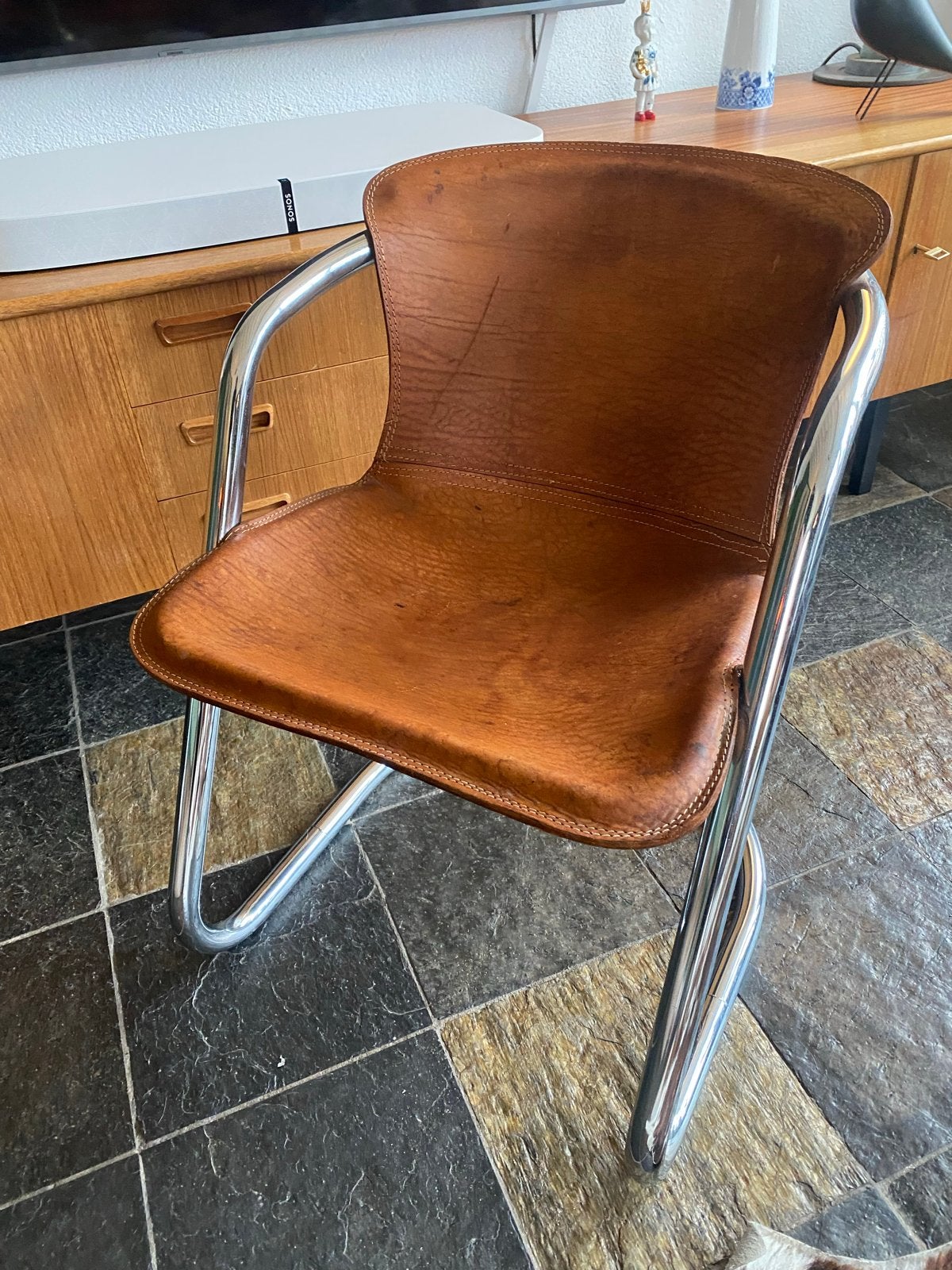 Italiaans Vintage Willy Rizzo stoel - leer en chroom, Ophalen, Gebruikt, Bruin, Leer