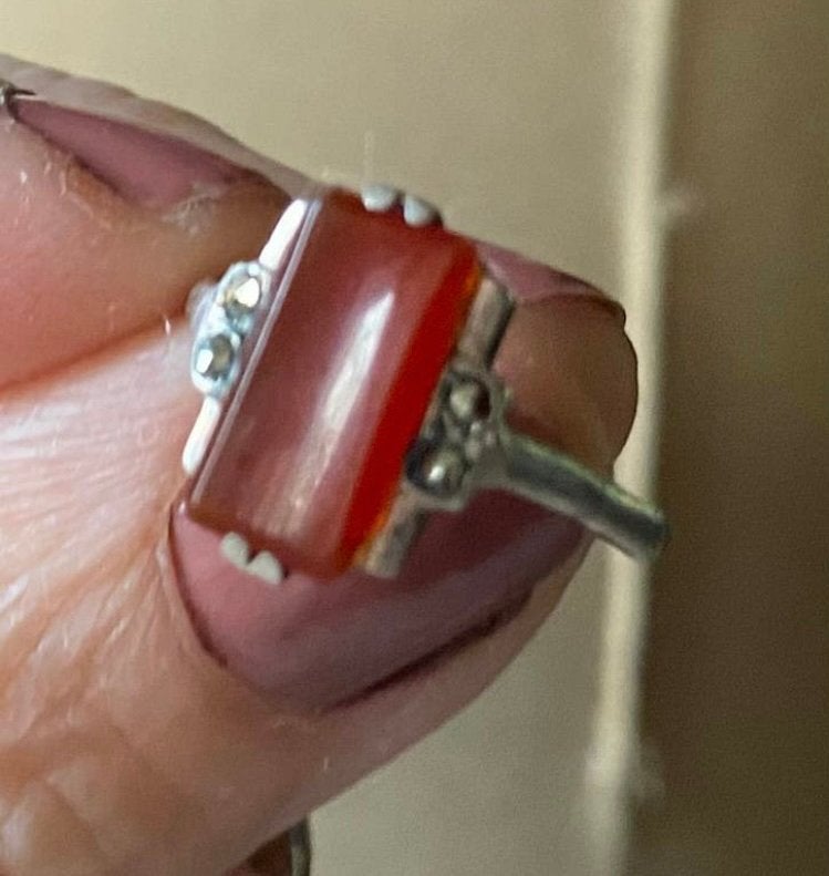 Antieke zilveren ring met carneool maat 17,5, Ophalen, Zilver, Ring