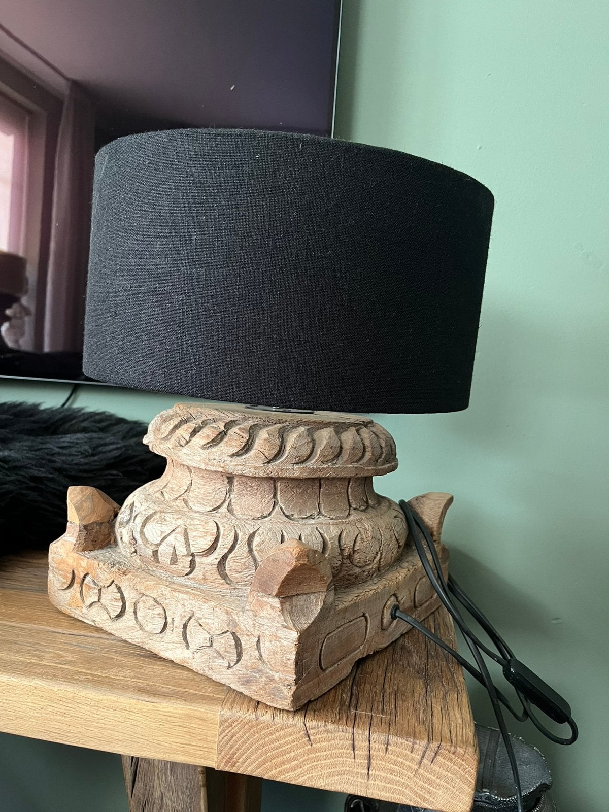 oude houten poeren ornament lamp, Verzenden