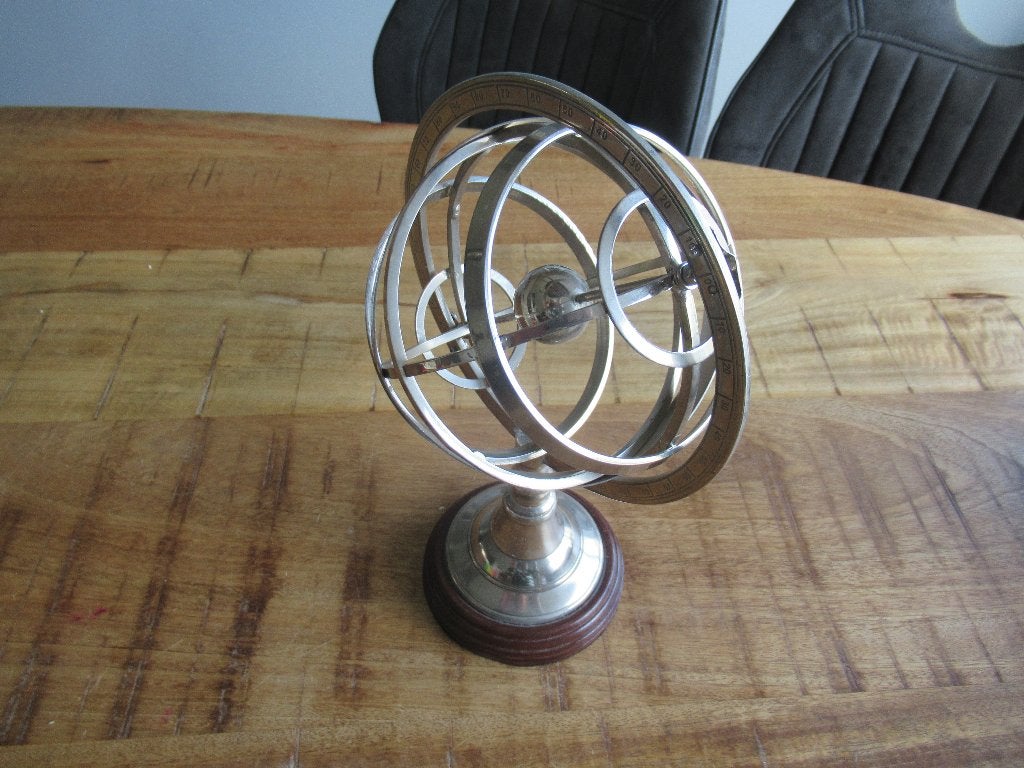 Wereldbol Armillary Armillarium Hemelbol Zilverkleurig hout, Huis en Inrichting, Ophalen of Verzenden, Zo goed als nieuw