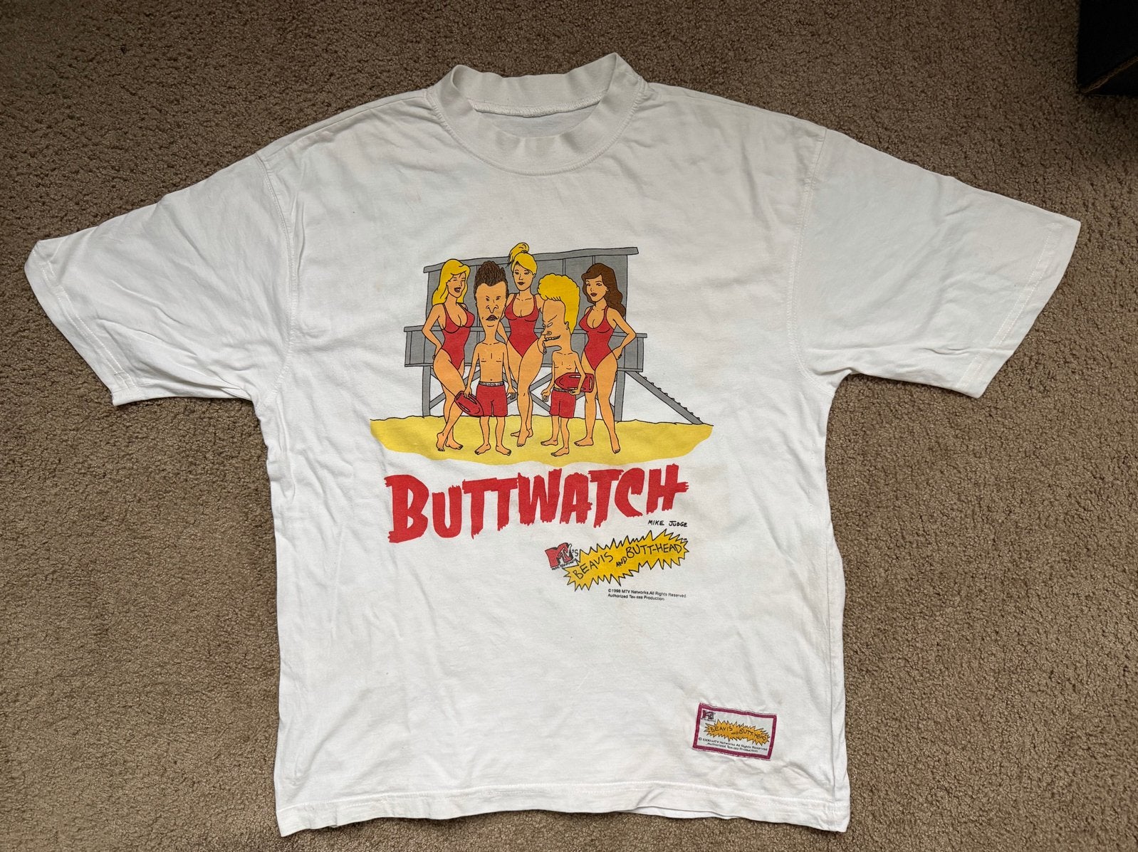 Vintage 90s MTV Beavis Butthead Baywatch Buttwatch T-shirt, Ophalen of Verzenden, Gedragen, Maat 46 (S) of kleiner, Wit