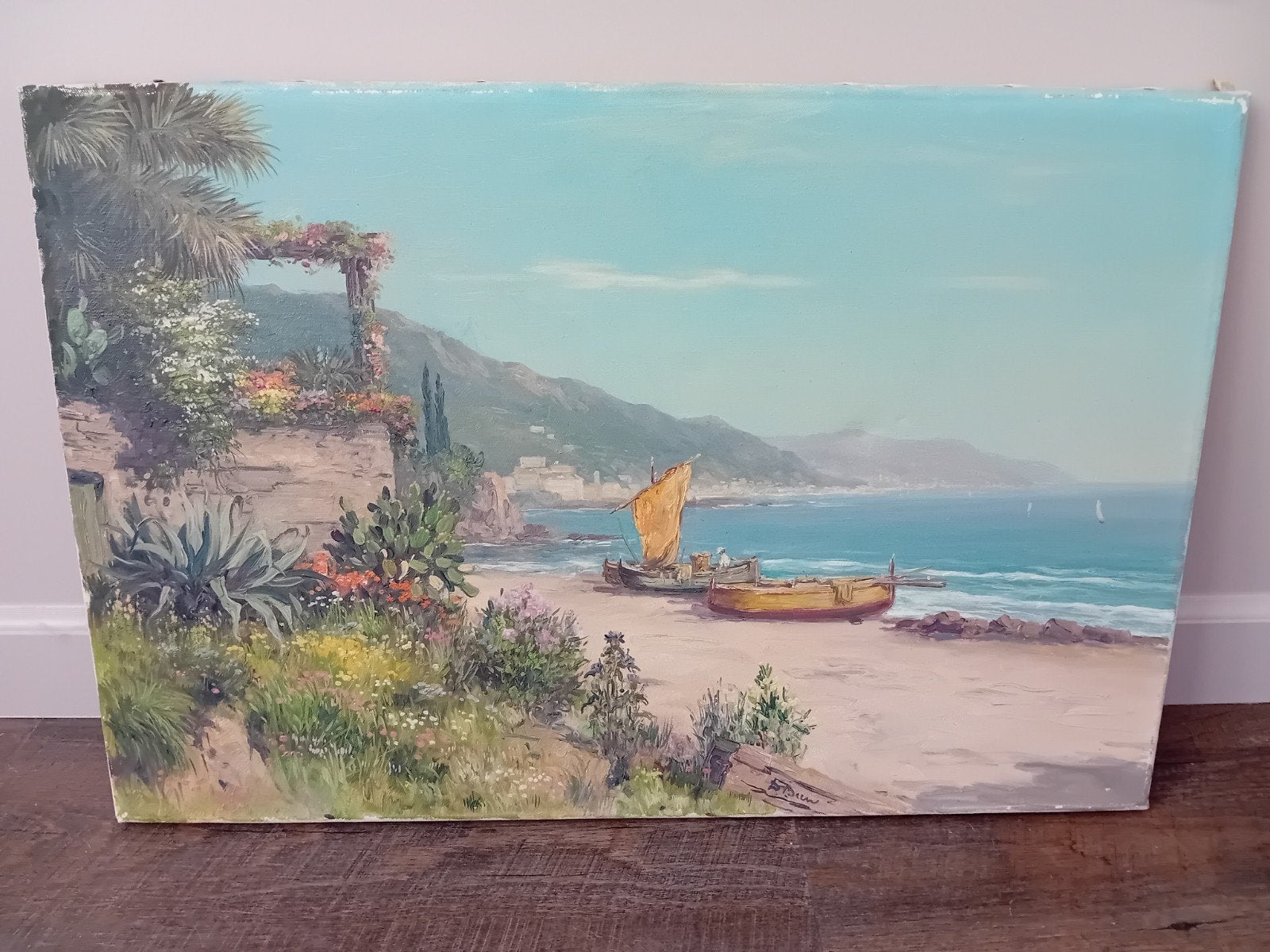 Schilderij Daniel Been - Zeegezicht met boten en bloemen, Maritiem / water, Realistisch, Olieverf, Gesigneerd