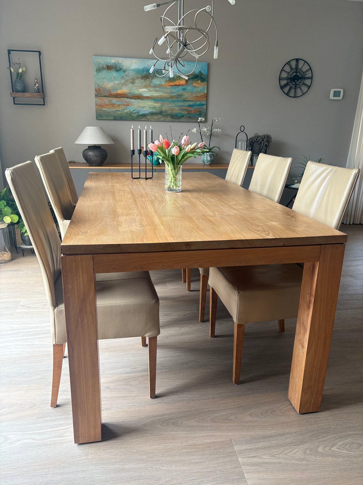 Zeer nette eetkamertafel met 6 creme lederen stoelen, Huis en Inrichting, Tafels | Eettafels, Ophalen, Gebruikt, Teakhout, 200 cm of meer