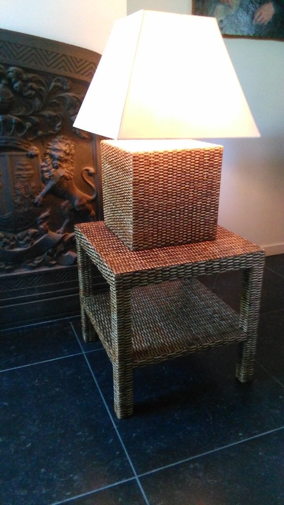 Bijzettafel rotan + tafellamp rotan - stijl Flamant h 116cm, Ophalen, Minder dan 55 cm, Rond, Stijl Flamant