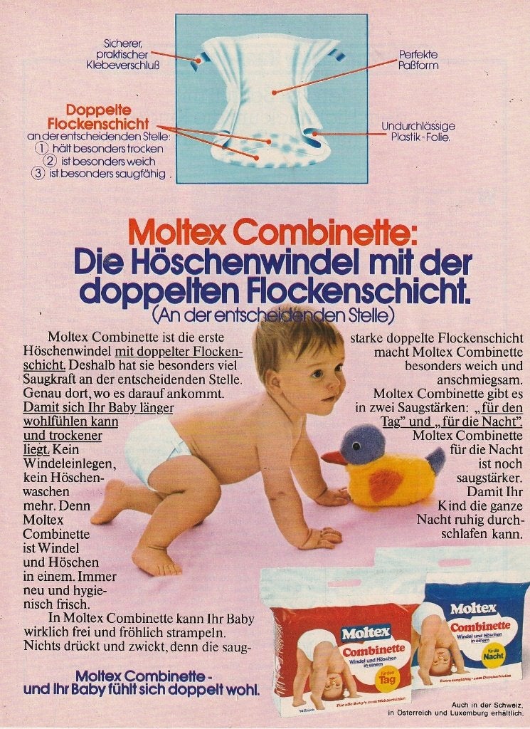Retro reclame 1977 Moltex baby luiers Combinette 2 maten, Verzenden, Overige typen