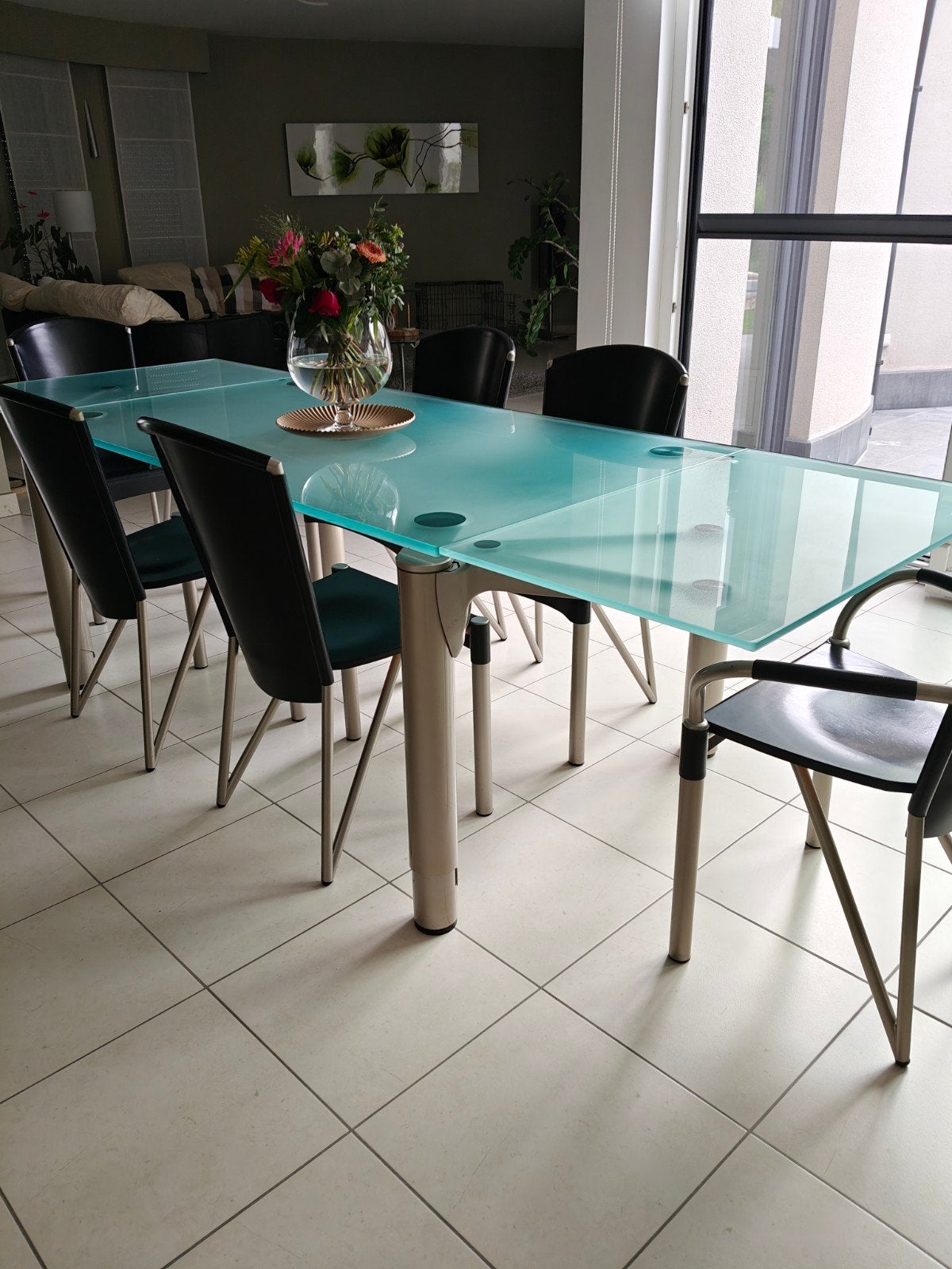Glazen eettafel met 6 stoelen, Huis en Inrichting, Tafels | Eettafels, Ophalen, Gebruikt, 50 tot 100 cm, Vijf personen of meer