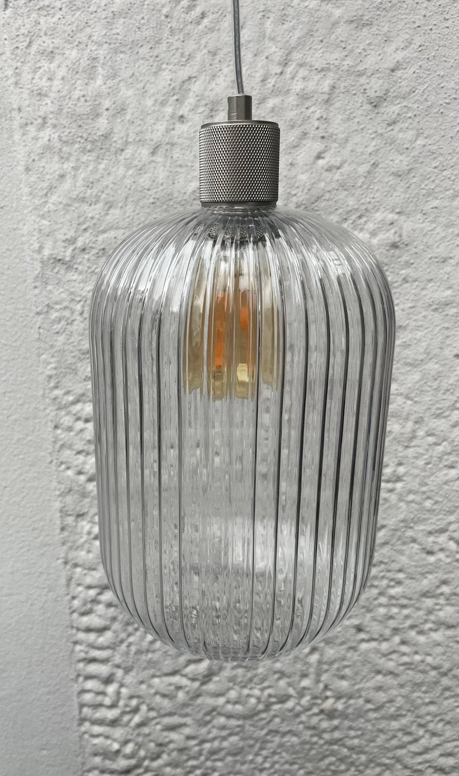 Hanglamp, ribbel glas incl. pendel staal. Incl. led lamp, Gebruikt, Glas, Retro, E27 (groot)