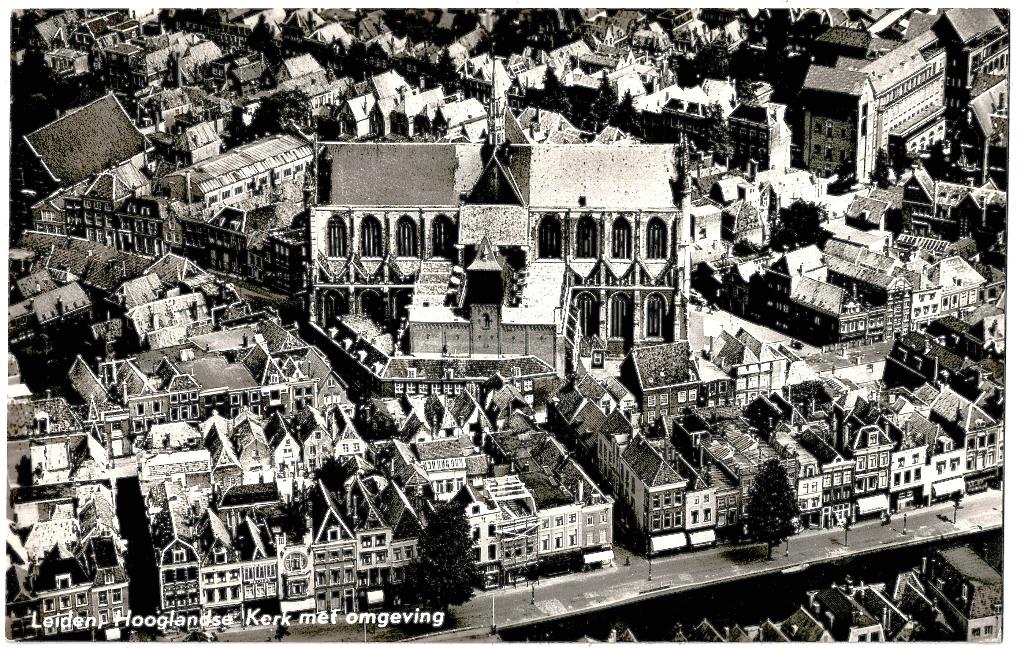Leiden (zh) panorama hooglandse kerk en omgeving, gel. 1954,, Verzenden, 1940 tot 1960, Gelopen, Zuid-Holland