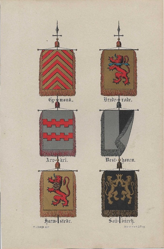 Banierkaart 6 wapens Egmond Brederode Arckel Haemstede Westh, 1800 - 1899, Ophalen of Verzenden, Blanco verso, Lithografie