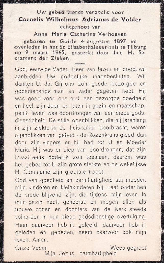 Volder Cornelis 1897 Goirle 1965 Tilburg, Verzamelen, Bidprentjes en Rouwkaarten, Ophalen of Verzenden, Bidprentje