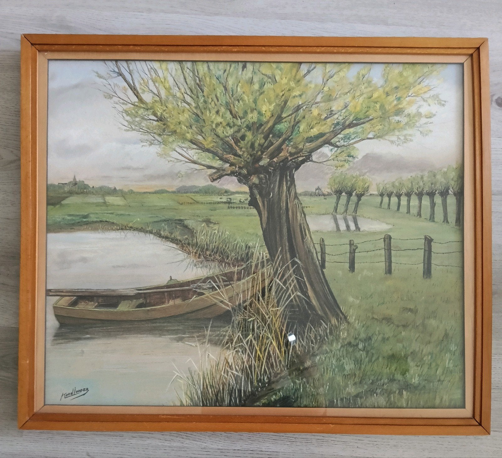 Kornelis Lodder (1892-1987)  Polderlandschap met bootje 1930, Ophalen of Verzenden, Impressionistisch, Gemengde techniek, Landschap