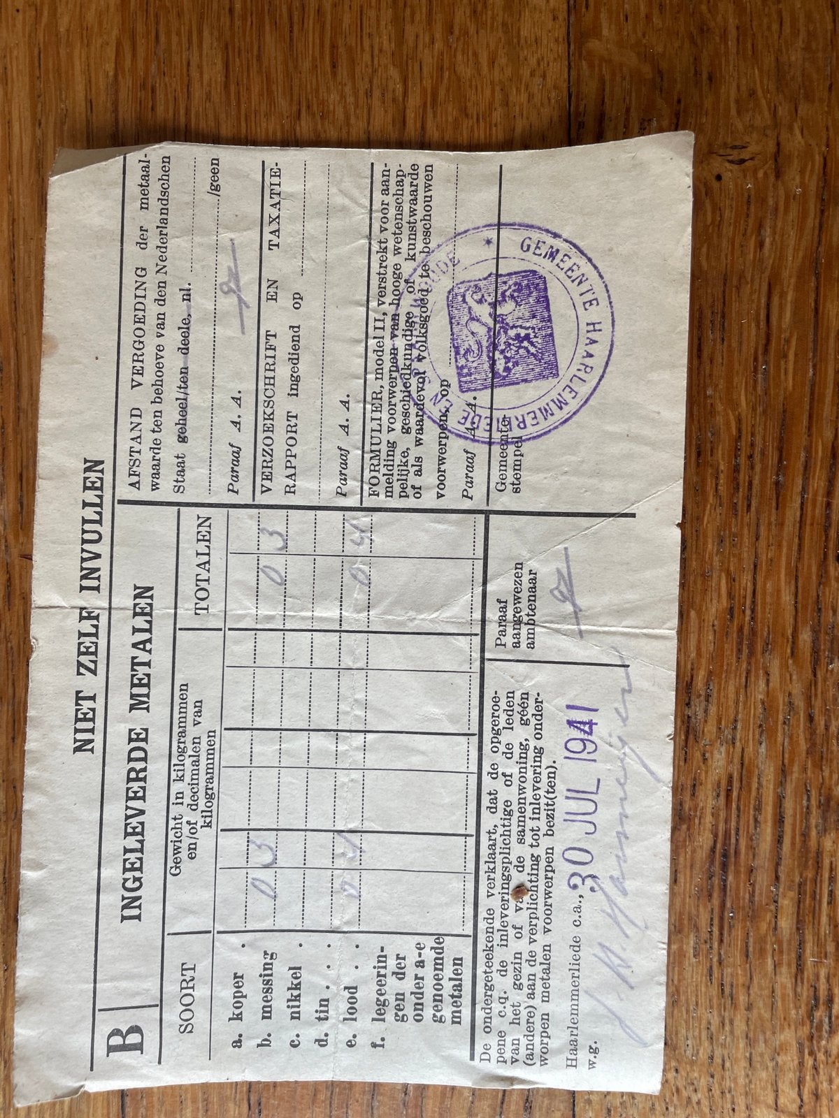 KWITANTIE van 30 juli 1941 voor het inleveren van oud metaal, Ophalen