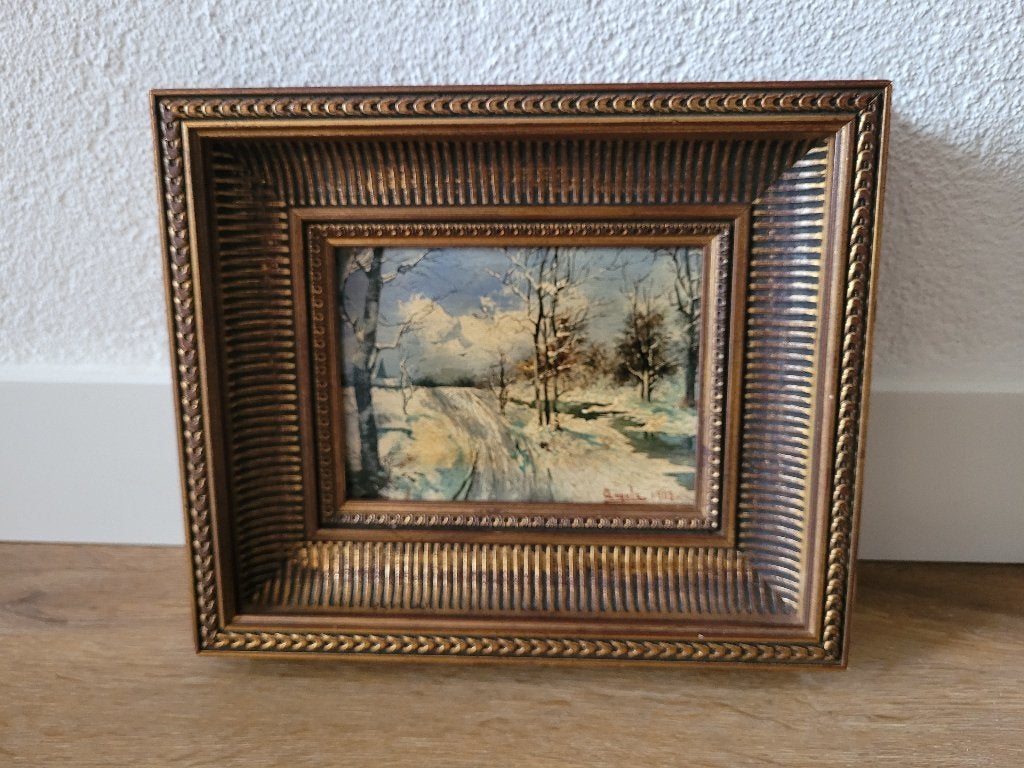Winterlandschap op dik paneel, gesigneerd Angela 1903, Paneel, Impressionistisch, Landschap, Olieverf