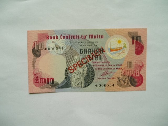 1878. Malta, 10 liri 1067(1979) UNC Specimen., Verzenden, Overige landen, Los biljet
