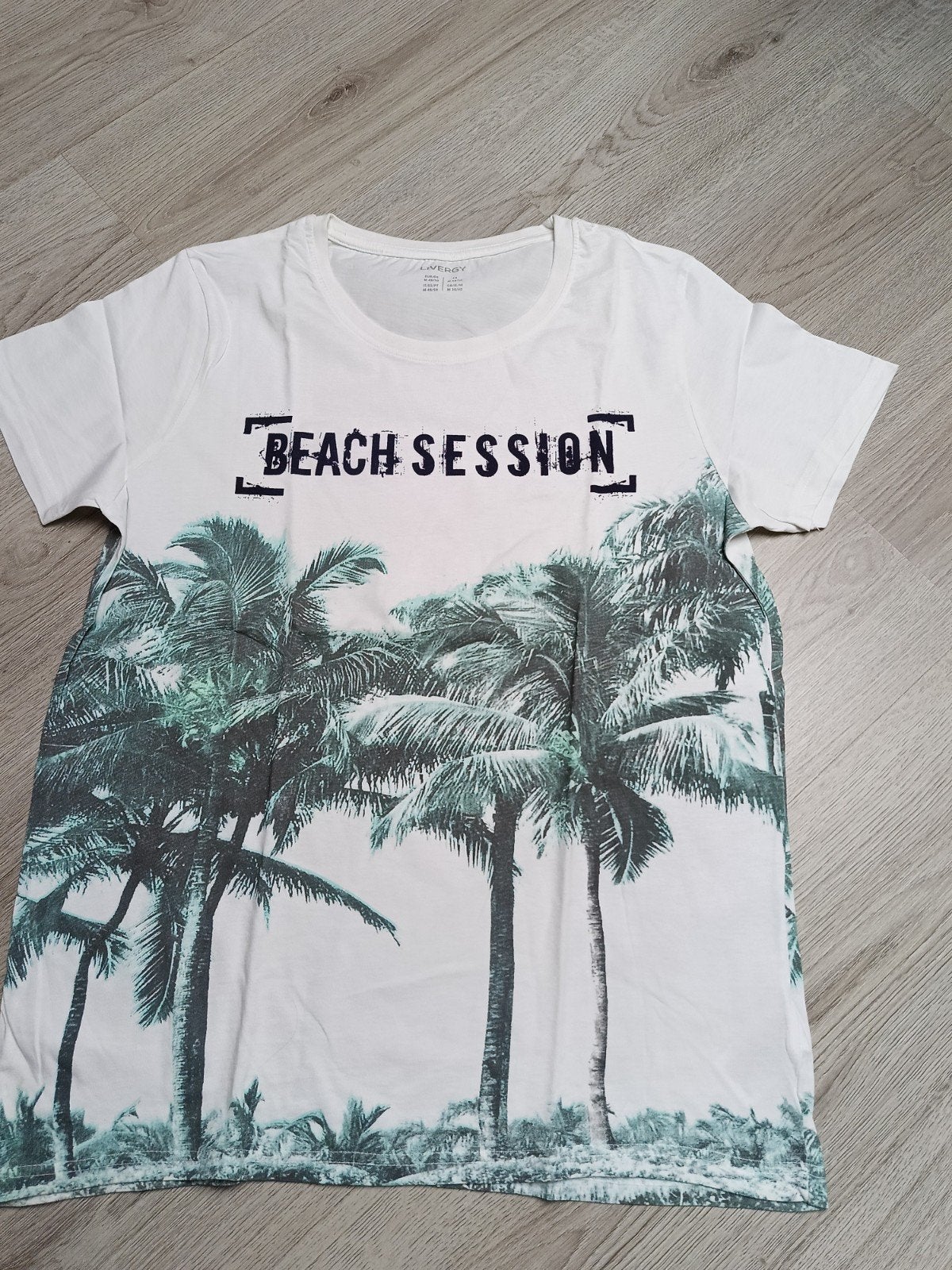 LIVERGY T-shirt met palmboomprint en 'BEACH SESSION', Kleding | Heren, T-shirts, Maat 48/50 (M), Wit, Ophalen of Verzenden, Zo goed als nieuw