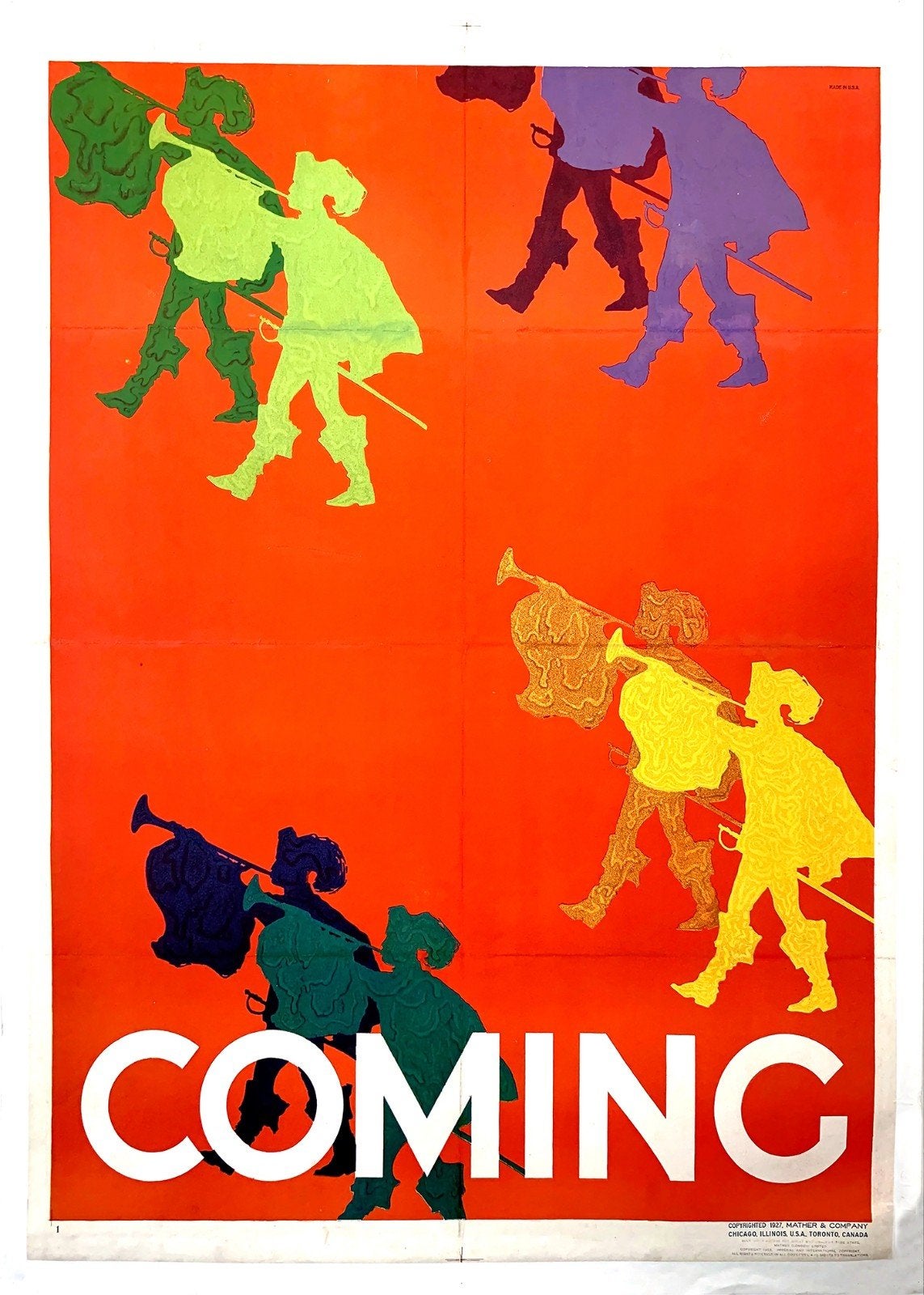Vintage 'Coming' Poster - Kleurrijke Musketiers, Ophalen of Verzenden, Gebruikt