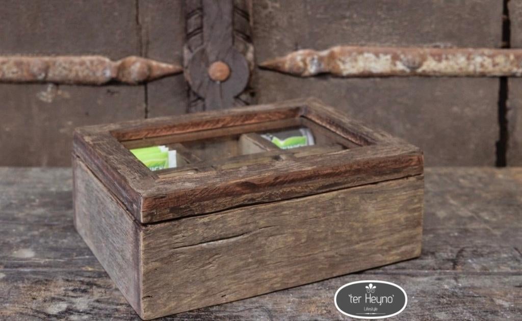 Houten theedoos teabox oud hout thee stoer sober landelijk, Verzenden, Nieuw, Hout, Overige stijlen