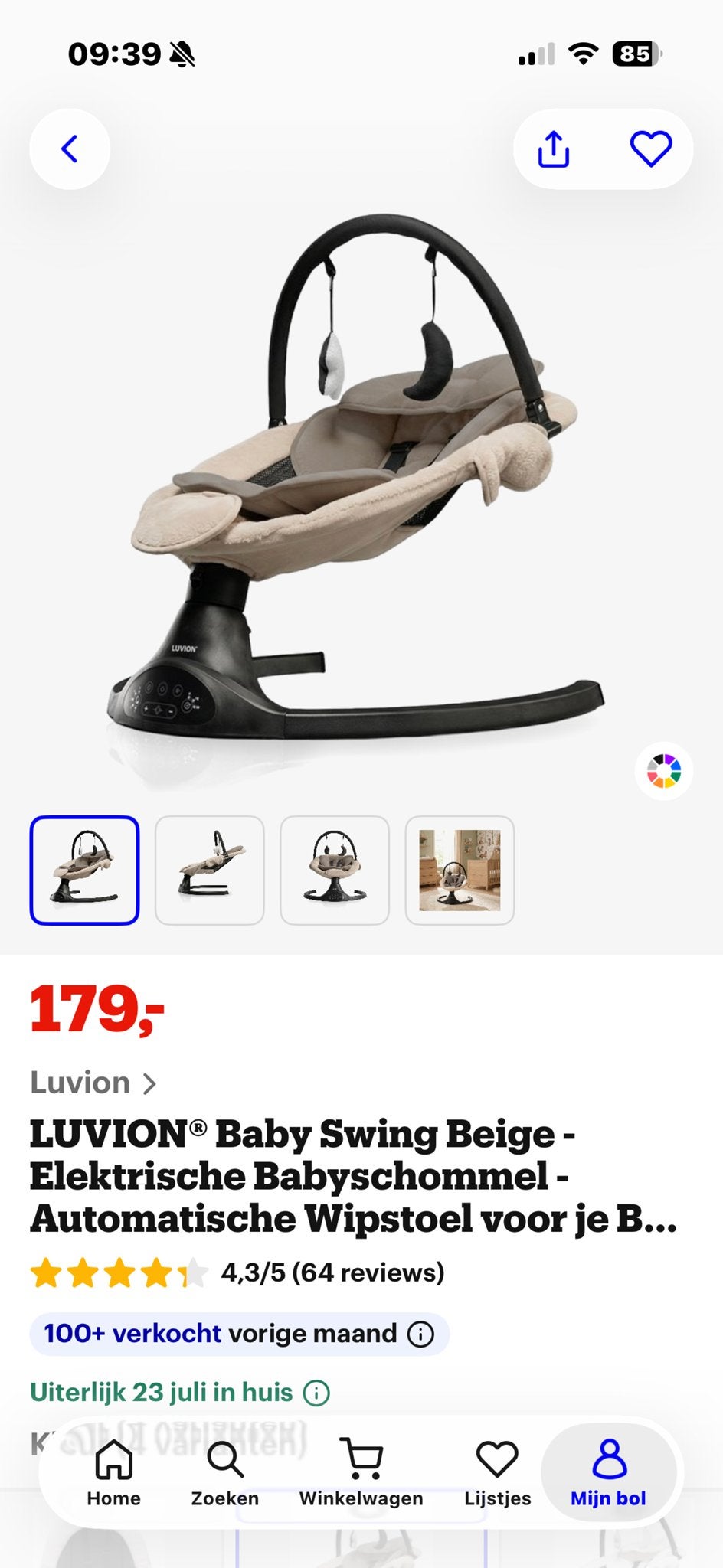 Luvion Baby Swing Beige - Elektrische Babyschommel, Kinderen en Baby's, Wipstoeltjes, Overige merken, Wipstoel, Ophalen of Verzenden