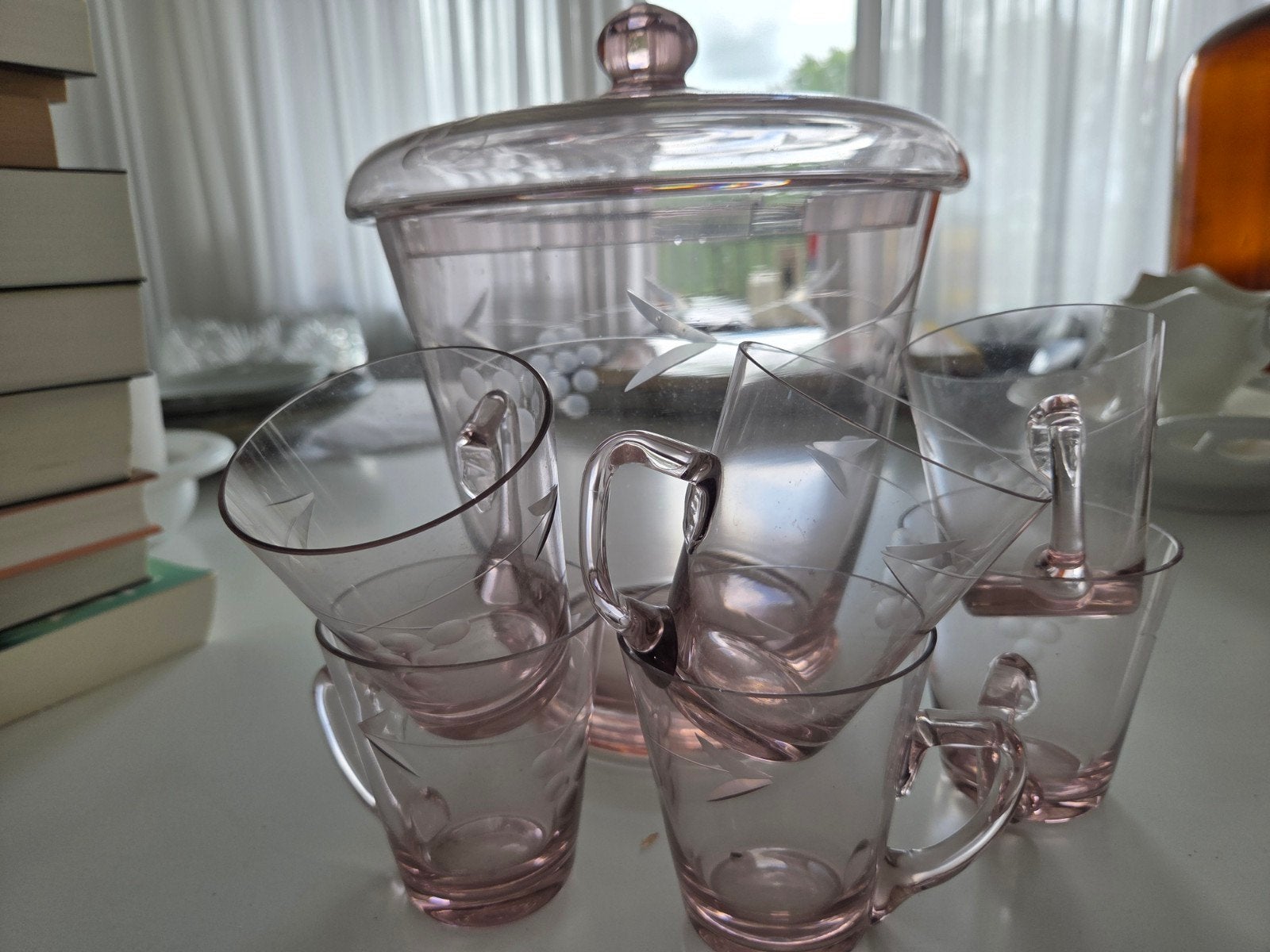 Vintage Roze Glazen Kommenset met Druivenmotief, Ophalen