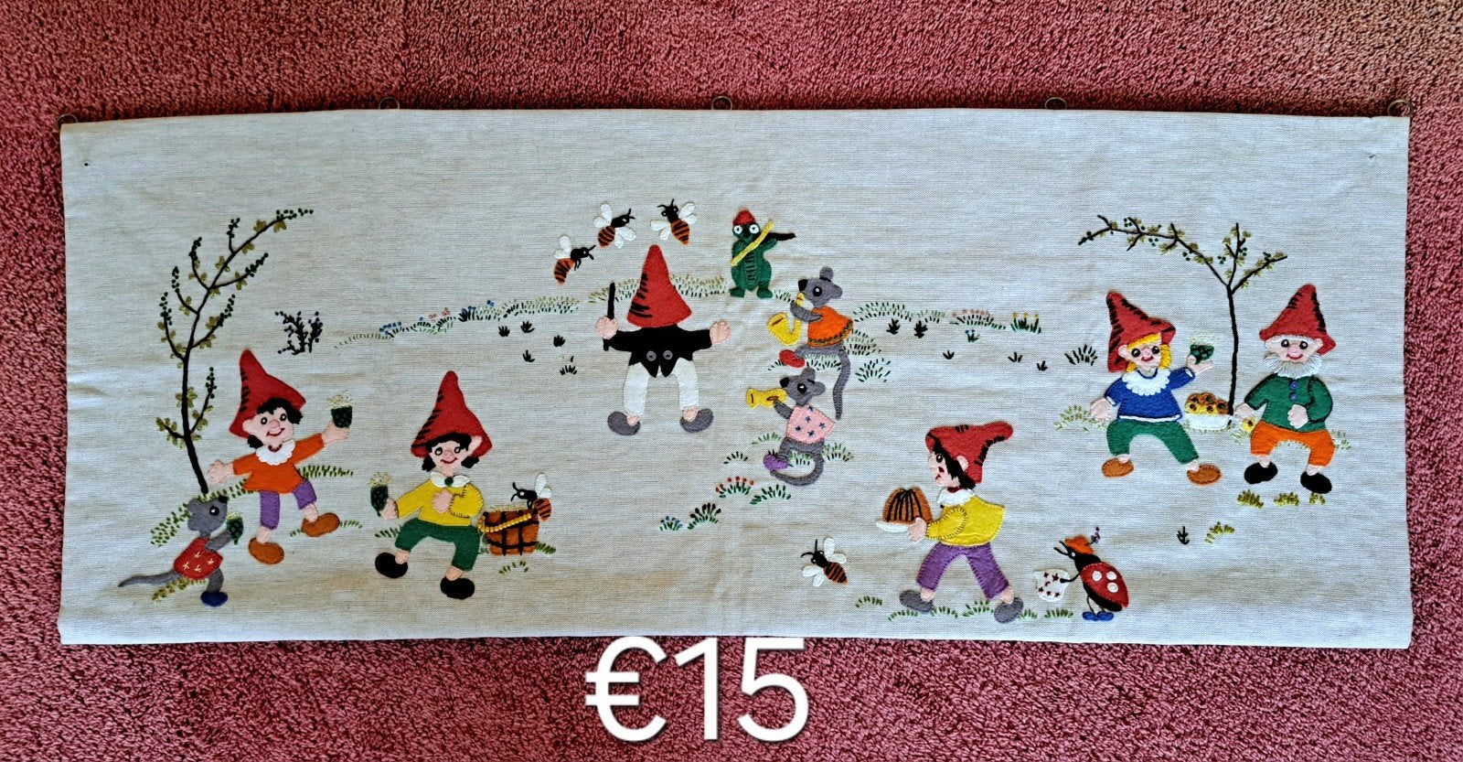 Handgemaakt Kinder-wandkleed met vrolijke kabouters, Huis en Inrichting, Woonaccessoires | Overige, Gebruikt, Meerkleurig, Overige stijlen