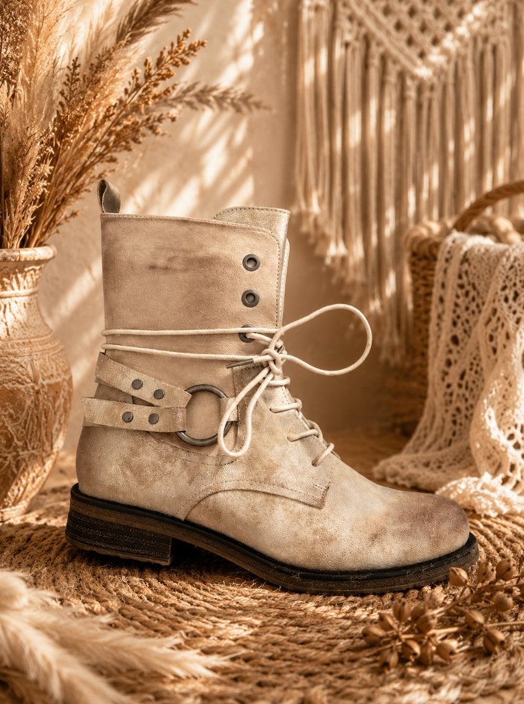 Beige Distressed Suedine Boho Biker Boots Maat 37, Beige, Lage of Enkellaarzen, Nieuw, Ophalen of Verzenden