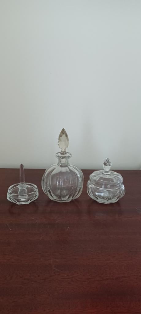 Vintage Glazen Set: Parfumfles, Potje & Ringhouder, Antiek en Kunst, Antiek | Glas en Kristal, Ophalen of Verzenden