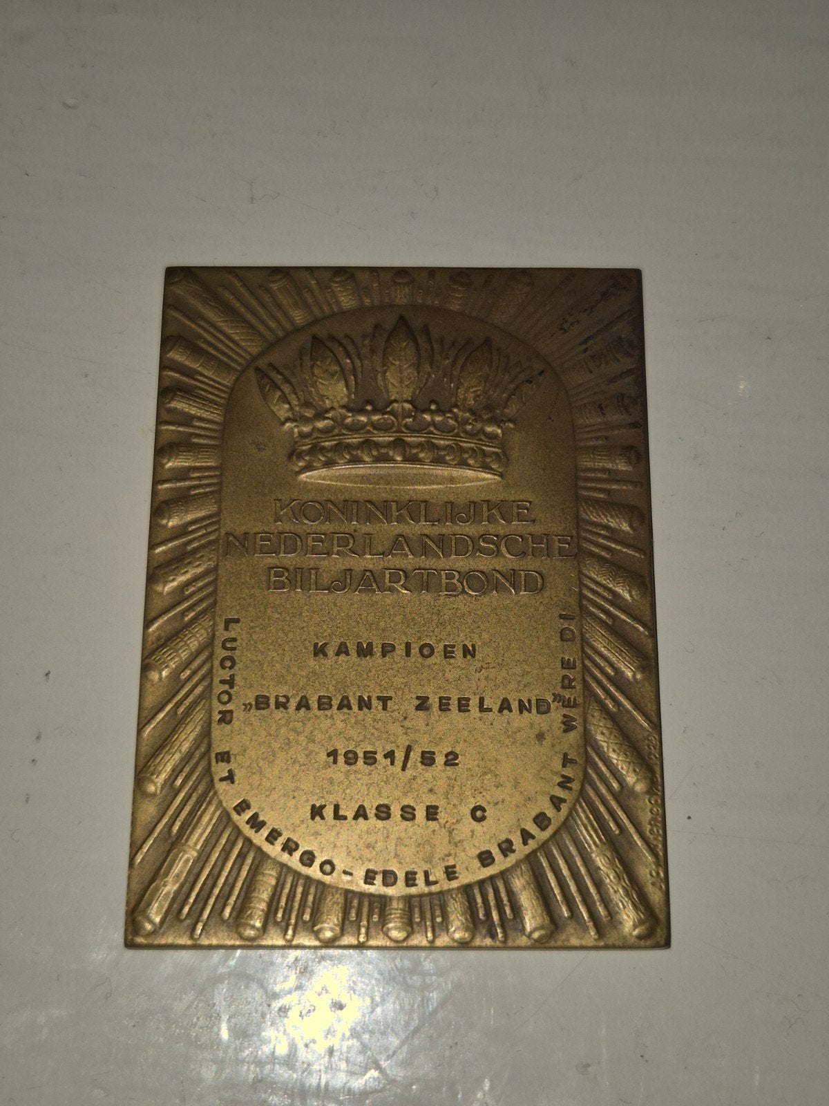 Bronzen KNBB Biljart Plaquette Kampioen Brabant 1951/52, Ophalen of Verzenden