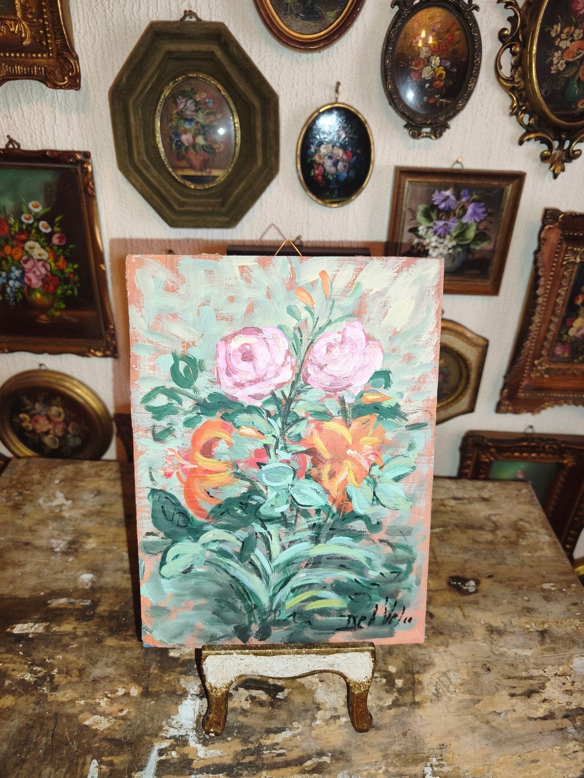 Olieverf schilderijtje olieverfschilderijtje bloemen H69, Ophalen of Verzenden