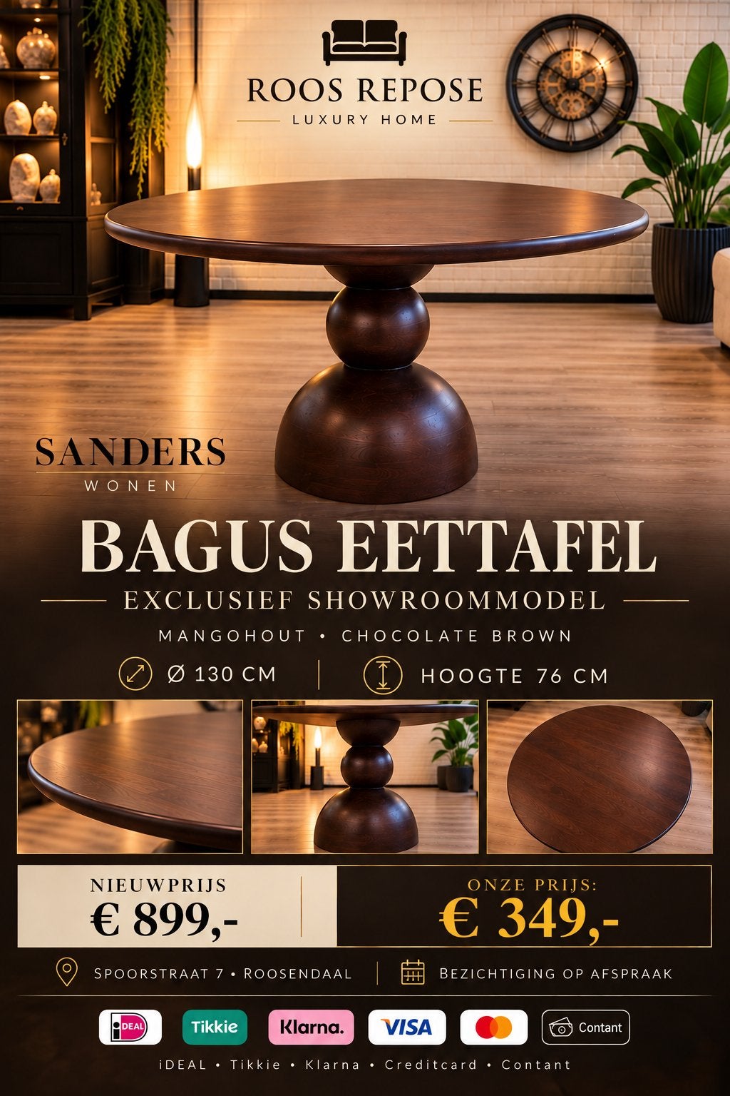 Sanders Wonen BAGUS EettafelØ130 | Mangohout | Showroommodel, Ophalen, Luxe, Rond, Zo goed als nieuw