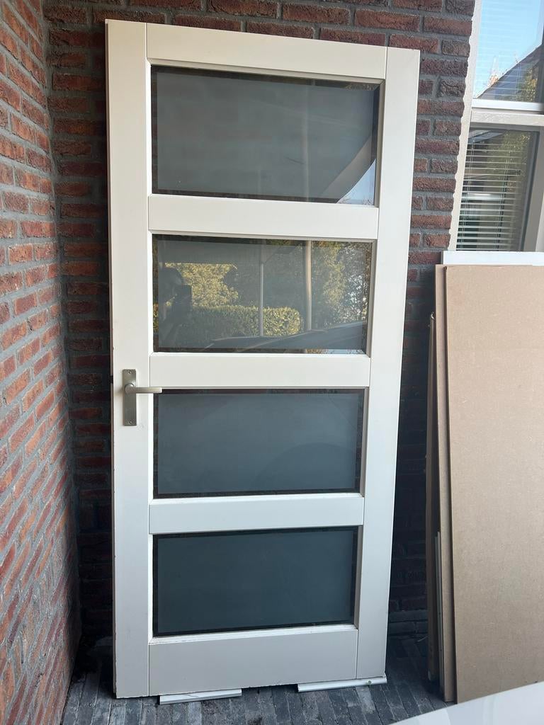 Witte houten opdek binnendeur met glaspanelen, Doe-het-zelf en Verbouw, Deuren en Horren, Ophalen, Gebruikt, 80 tot 100 cm, Binnendeur