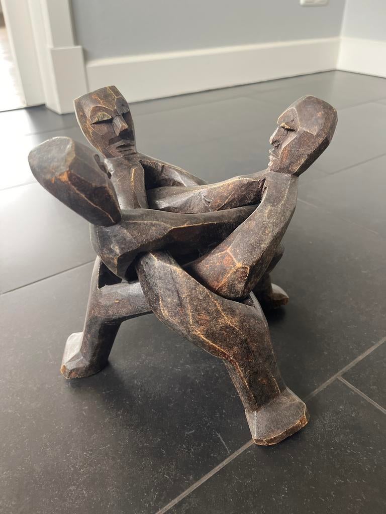 Handgemaakt Afrikaans houten beeld van mannen, Groep mensen, Ophalen of Verzenden, Handgemaakt, 20 - 50 cm