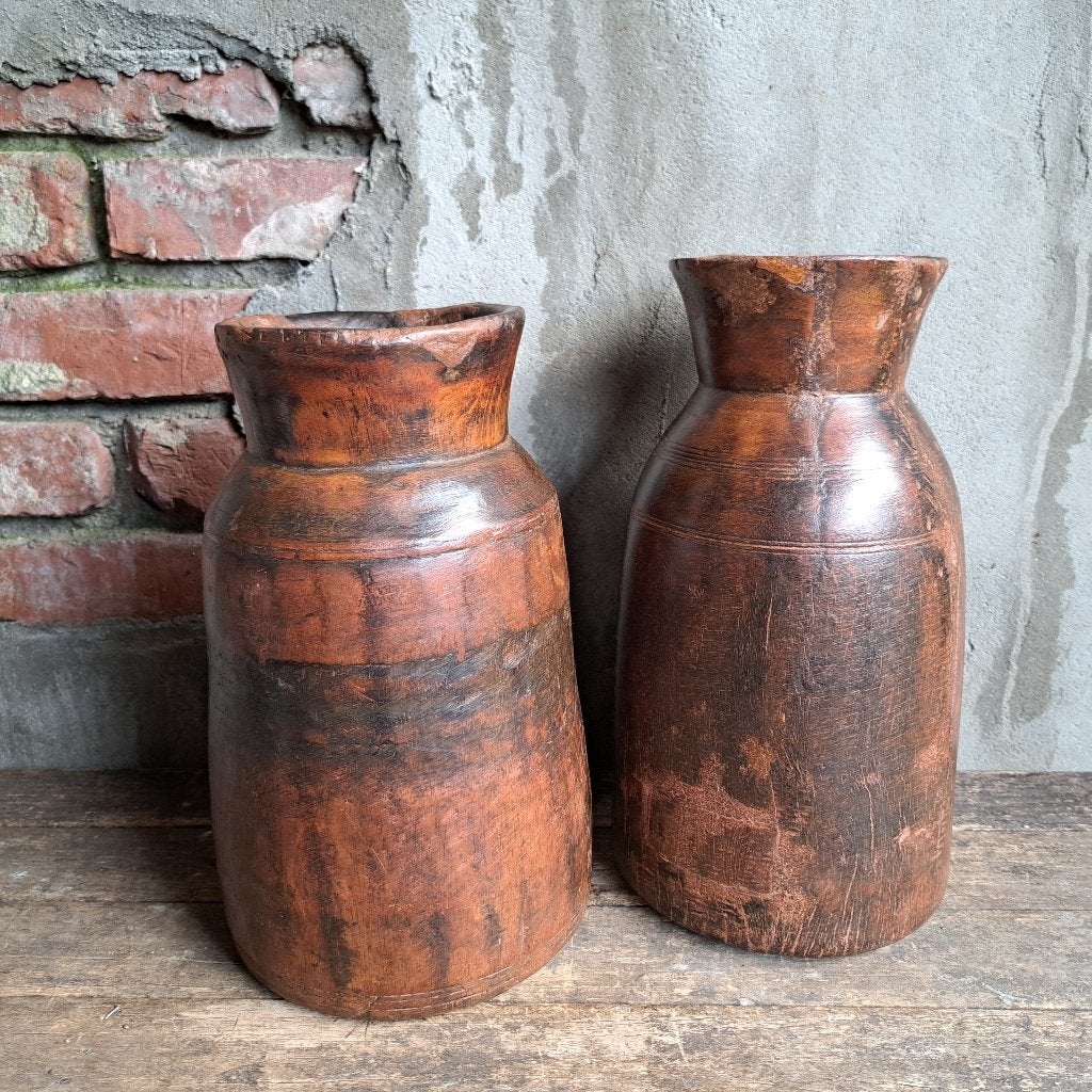 1x Landelijke houten pot kruik vaas hoogte 28 of 31cm Etage3, Huis en Inrichting, Woonaccessoires | Overige, ., Ophalen of Verzenden