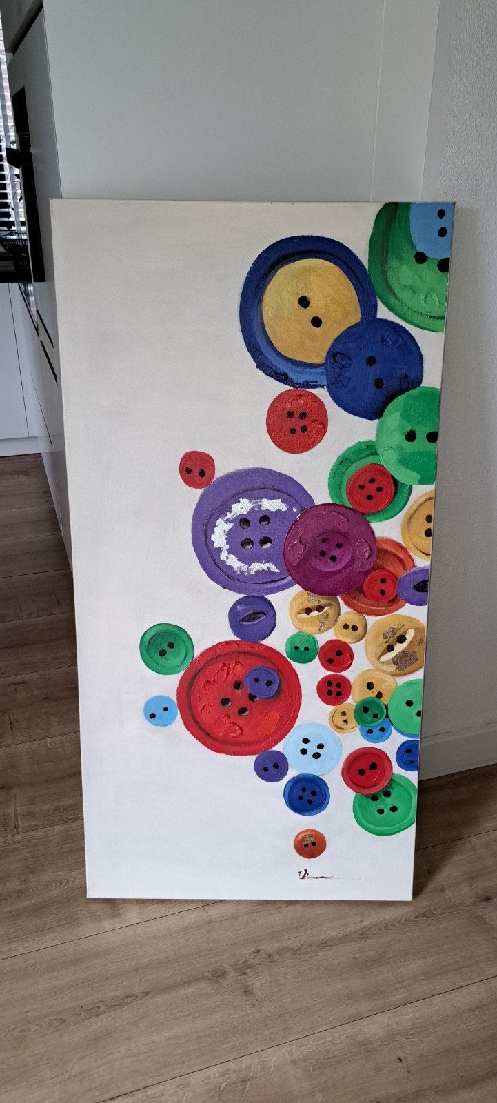 Decoratief schilderij met gekleurde knopen - 140x70 cm, Acrylverf, Overig onderwerp, Ophalen of Verzenden, Handgeschilderd