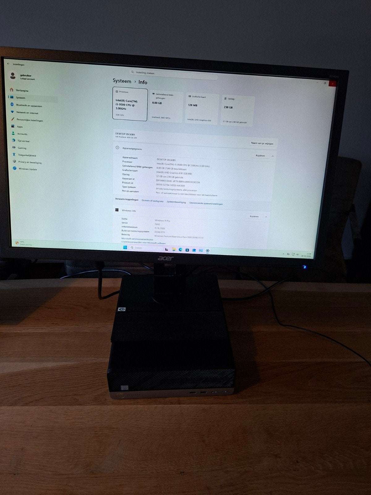 HP ProDesk 400 G6 SFF Desktop met Acer B246HL Monitor, Computers en Software, Ophalen, Gebruikt, 8 GB, Intel Core i5-9500