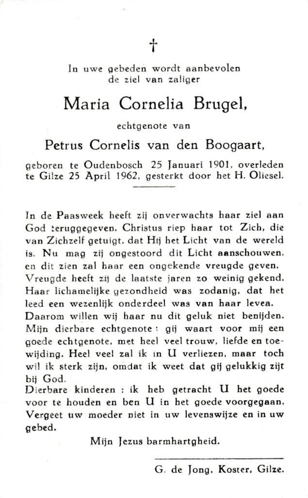 Brugel Maria 1901 Oudenbosch 1962 Gilze, Ophalen of Verzenden, Bidprentje