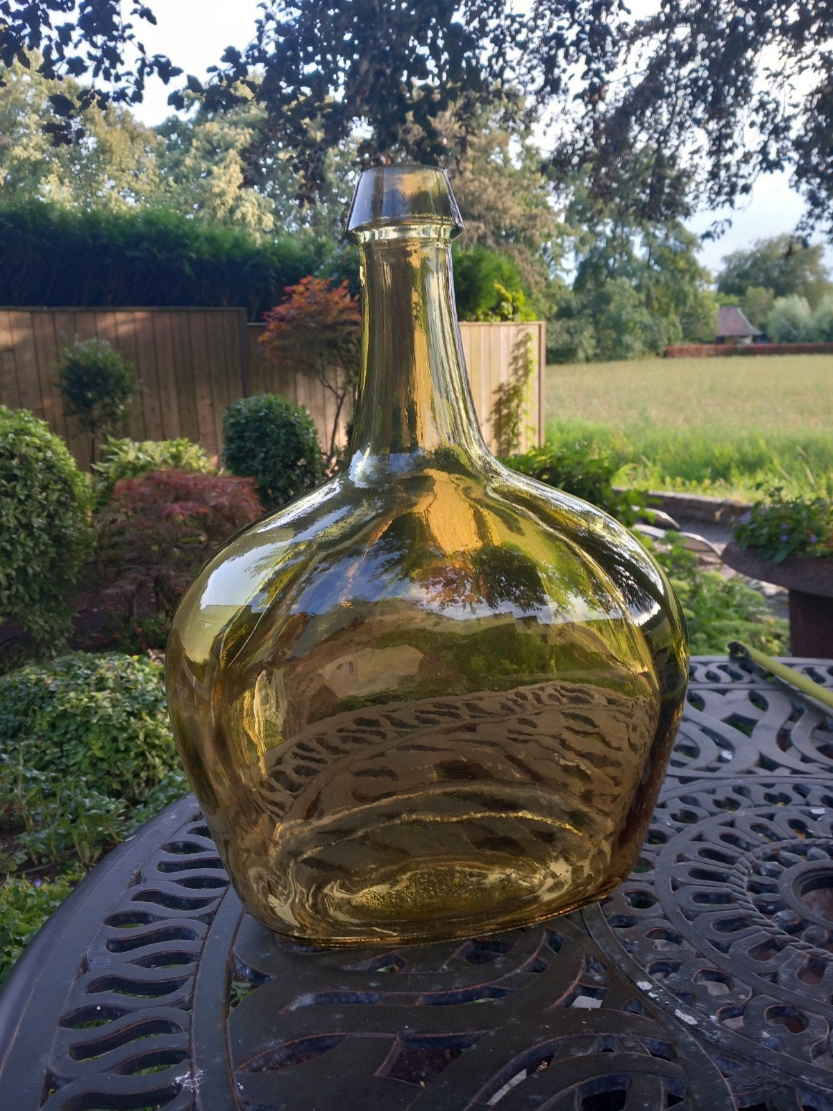 Decoratieve groene glazen fles - 38 cm hoog, Ophalen