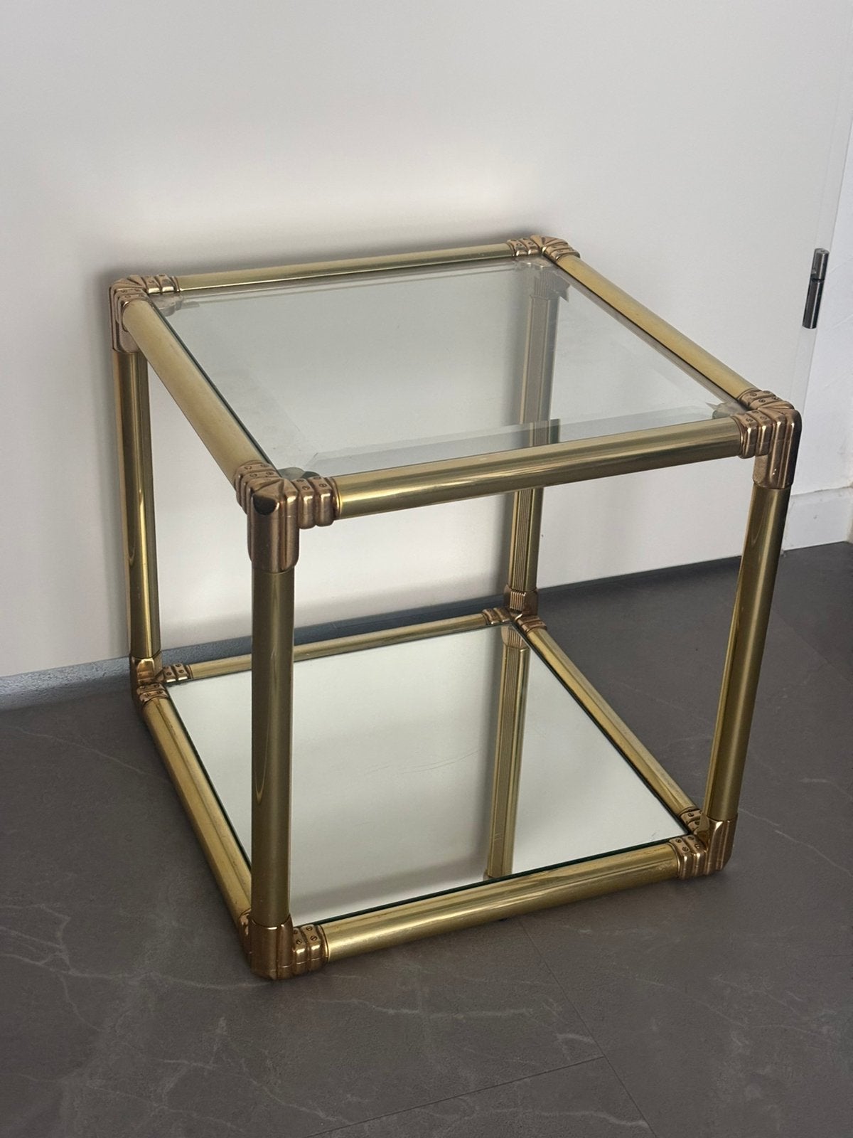 Vintage design - messing tafeltje, Ophalen, Minder dan 55 cm, Rechthoekig, Glas