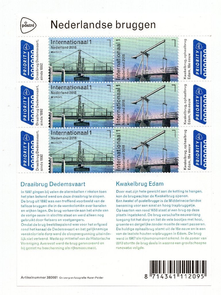 Velletje Nederlandse Bruggen 2018, V3630-3631, Postzegels en Munten, Postzegels | Nederland, Ophalen of Verzenden, Na 1940, Postfris