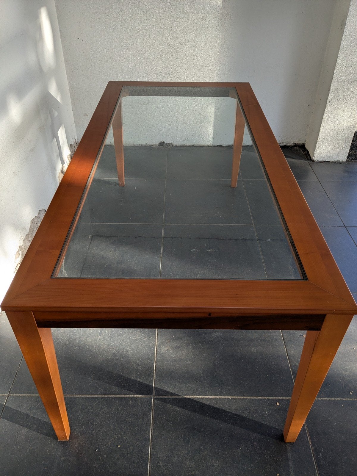 Eetkamertafel 190x90 cm kersenhout met glazen blad, Huis en Inrichting, Ophalen, 50 tot 100 cm, Vijf personen of meer, 150 tot 200 cm